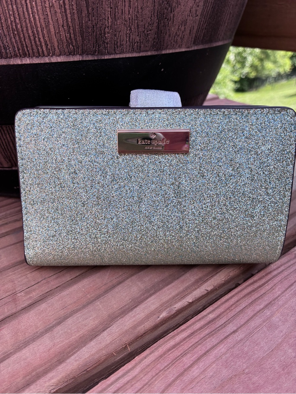 Kate Spade Green Glitter Bifold Wallet.